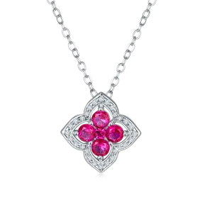 0.4 Carat Lab Created Ruby Clover Halo Necklace in S925 Silver with Platinum Plating