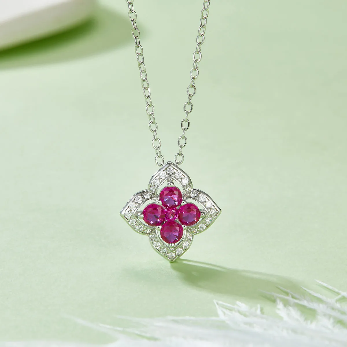 0.4 Carat Lab Created Ruby Clover Halo Necklace in S925 Silver with Platinum Plating