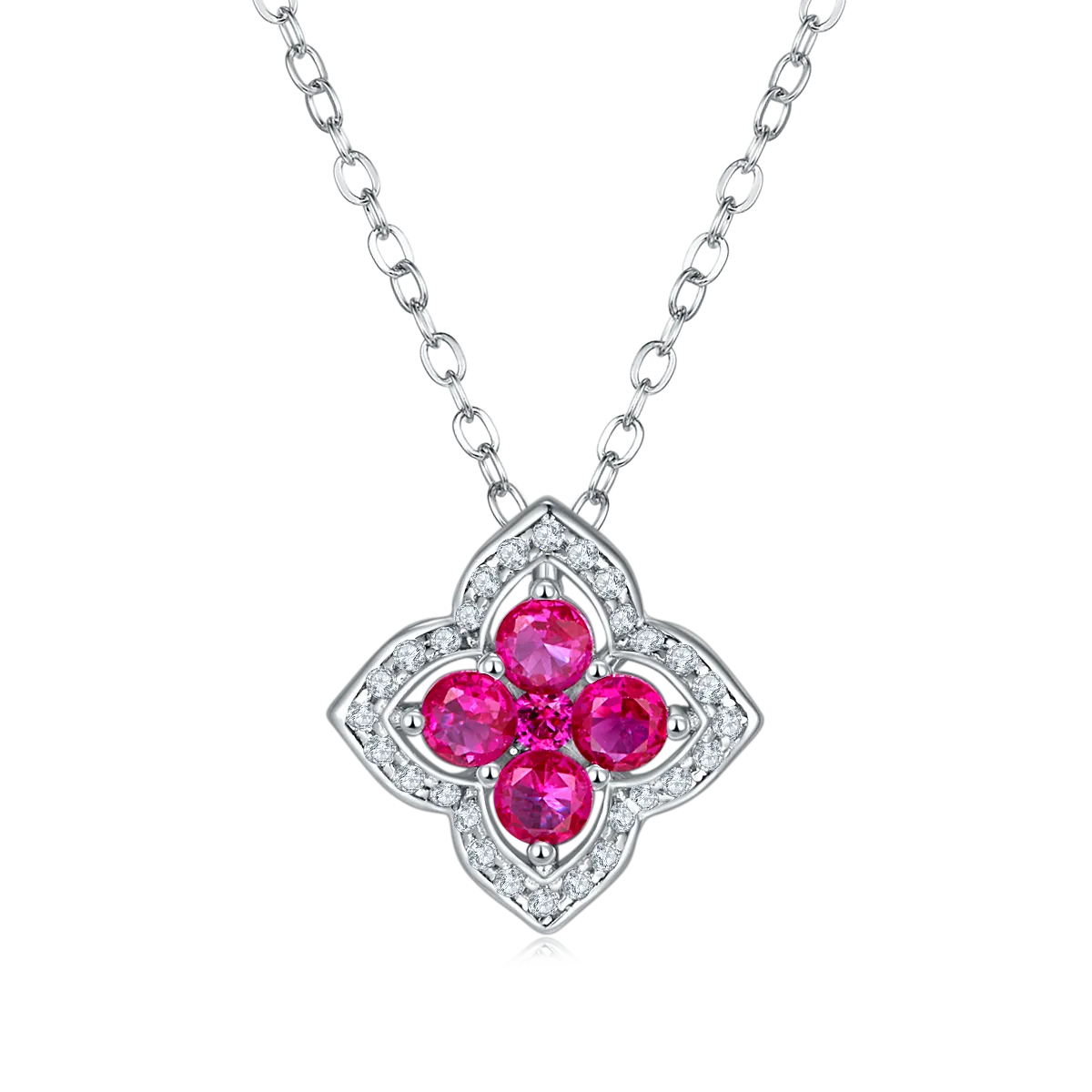 0.4 Carat Lab Created Ruby Clover Halo Necklace in S925 Silver with Platinum Plating