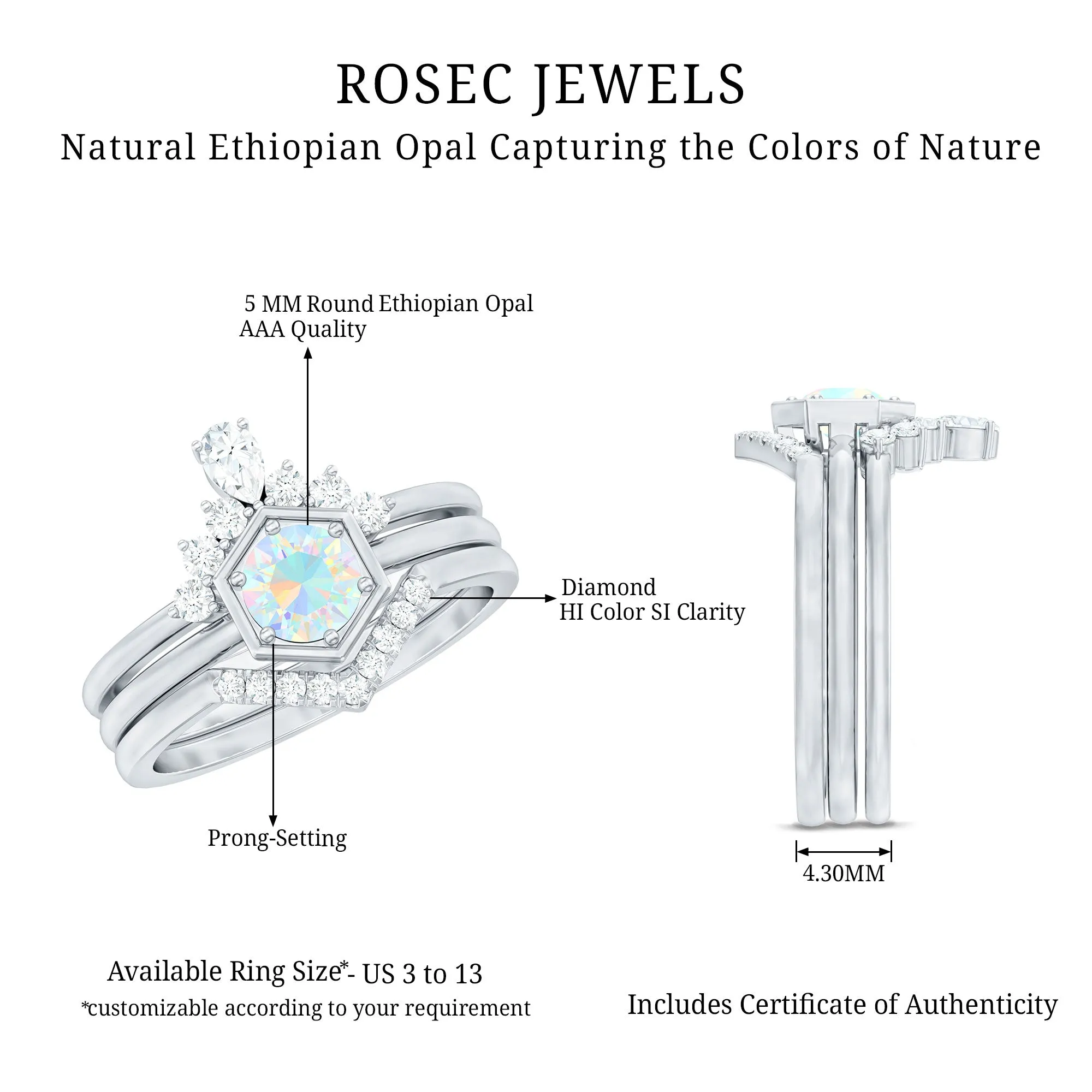 1 CT Classic Ethiopian Opal and Diamond Wedding Ring Set