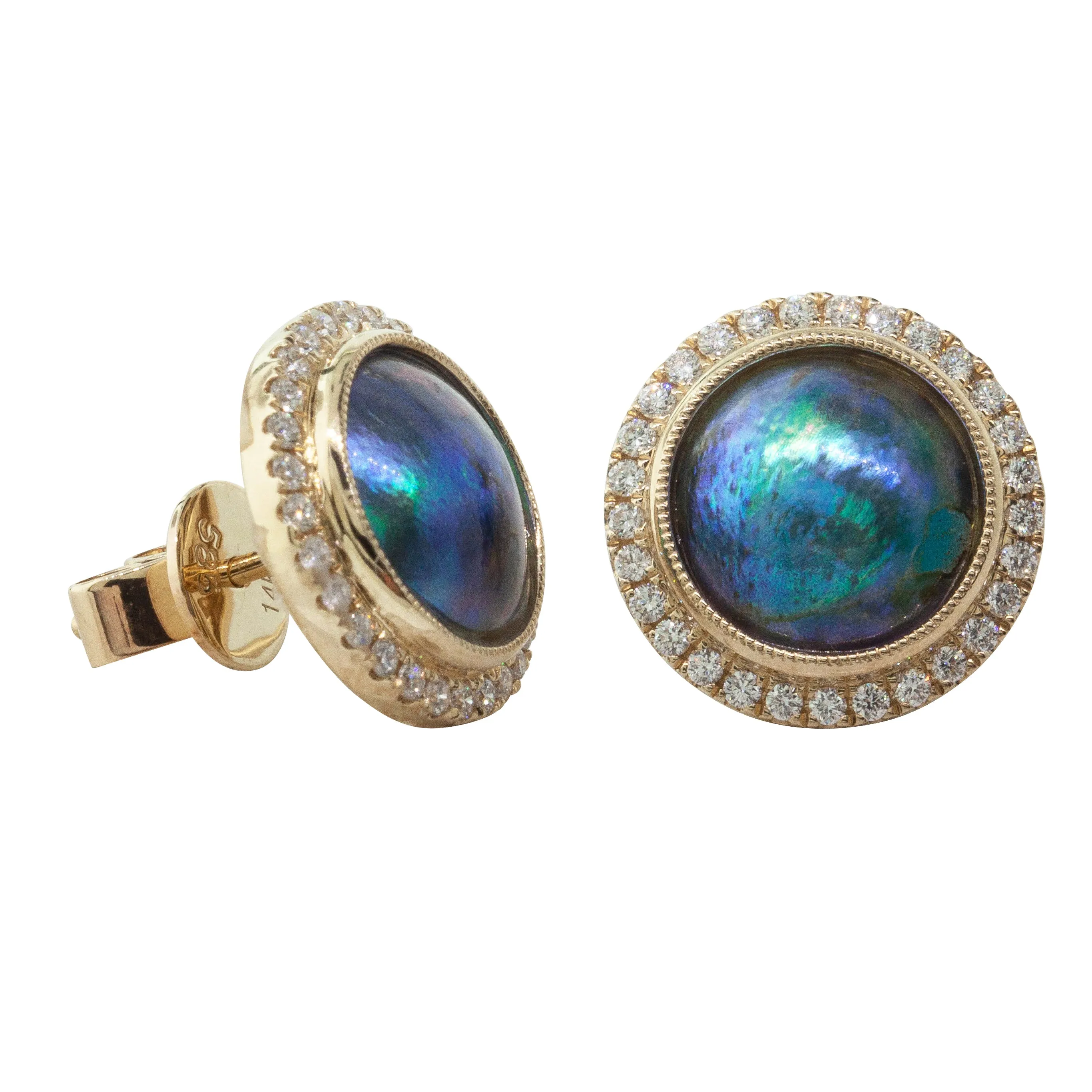 14ct Yellow Gold Paua Pearl & Diamond Halo Earrings