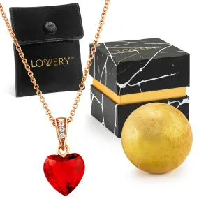 14K Gold Plated Ruby Stone Heart Pendant & Necklace Chain with Pouch, Bath Bomb & Gift Box