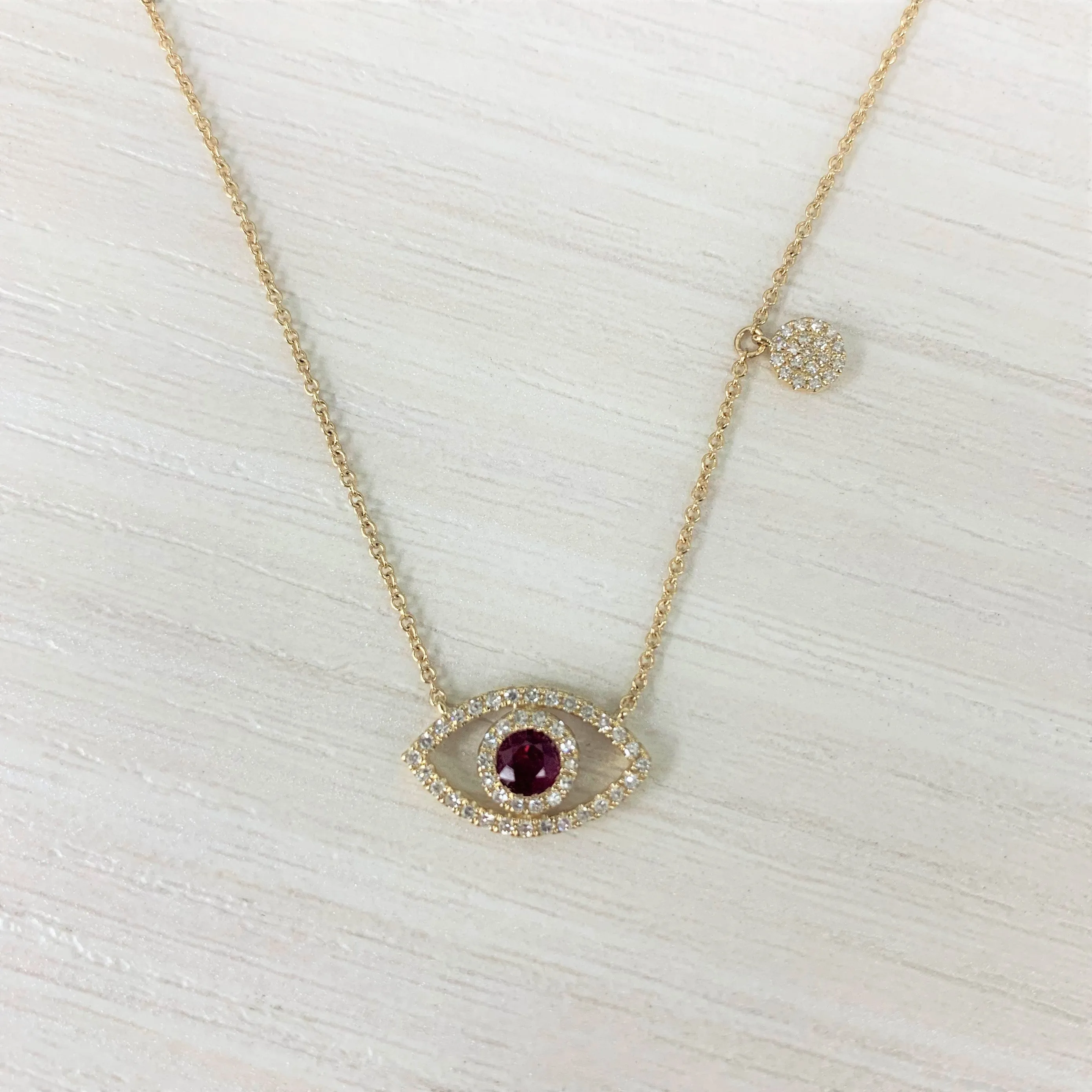 14k Gold Ruby & Diamond Evil Eye Necklace