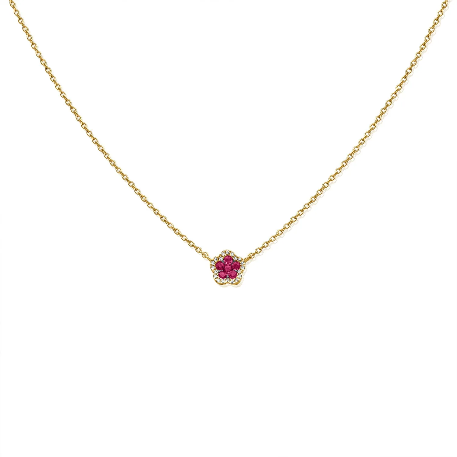 14K Gold Ruby & Diamond Flower Necklace