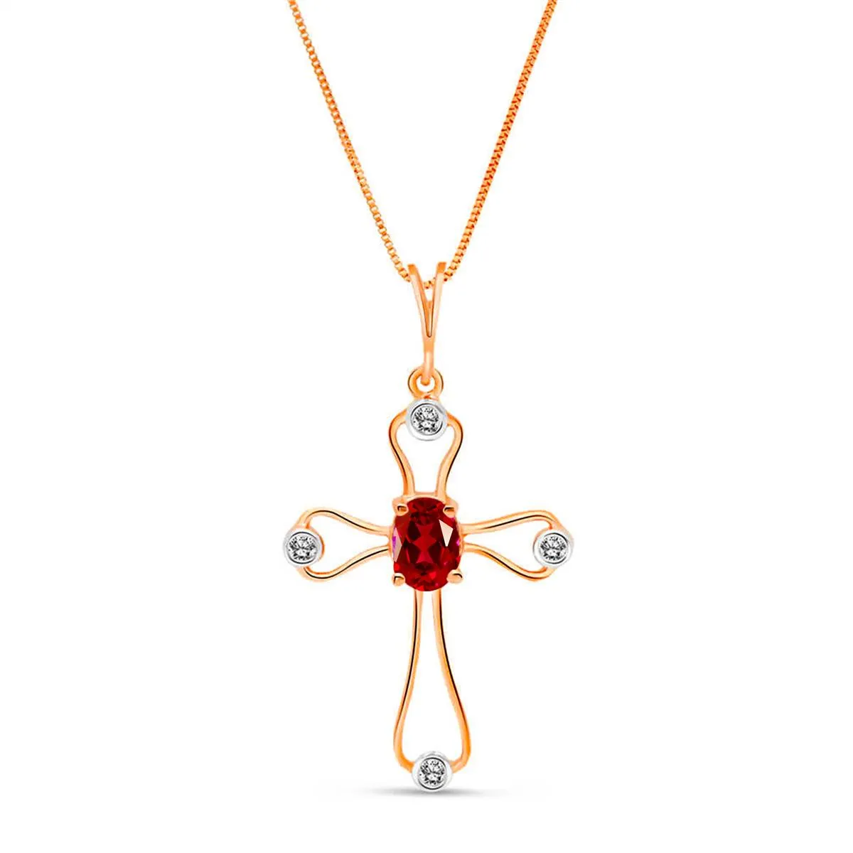 14K Solid Rose Gold Cross Necklace w/ Natural Diamonds & Ruby