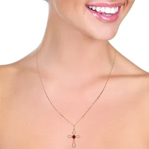 14K Solid Rose Gold Cross Necklace w/ Natural Diamonds & Ruby