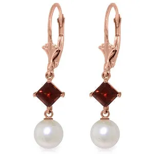 14K Solid Rose Gold Leverback Earrings Garnet & Pearl Jewelry