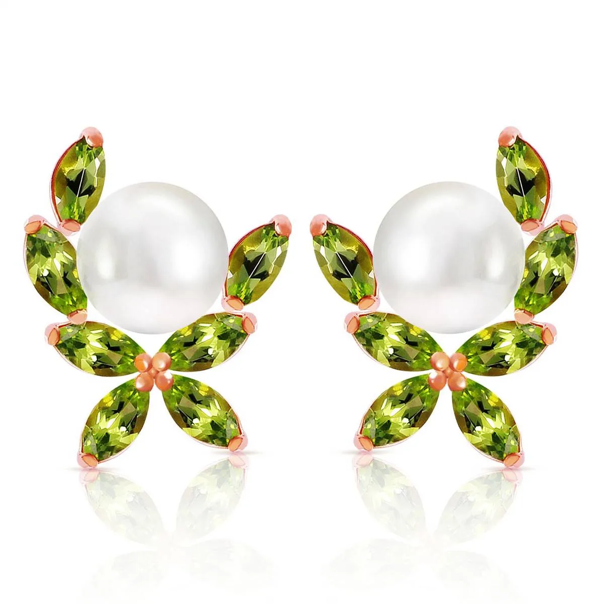 14K Solid Rose Gold Stud Earrings w/ Natural Peridots & Pearls