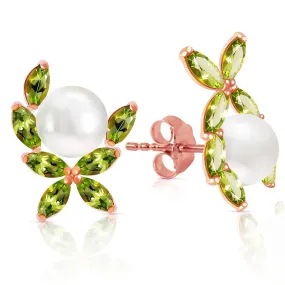 14K Solid Rose Gold Stud Earrings w/ Natural Peridots & Pearls