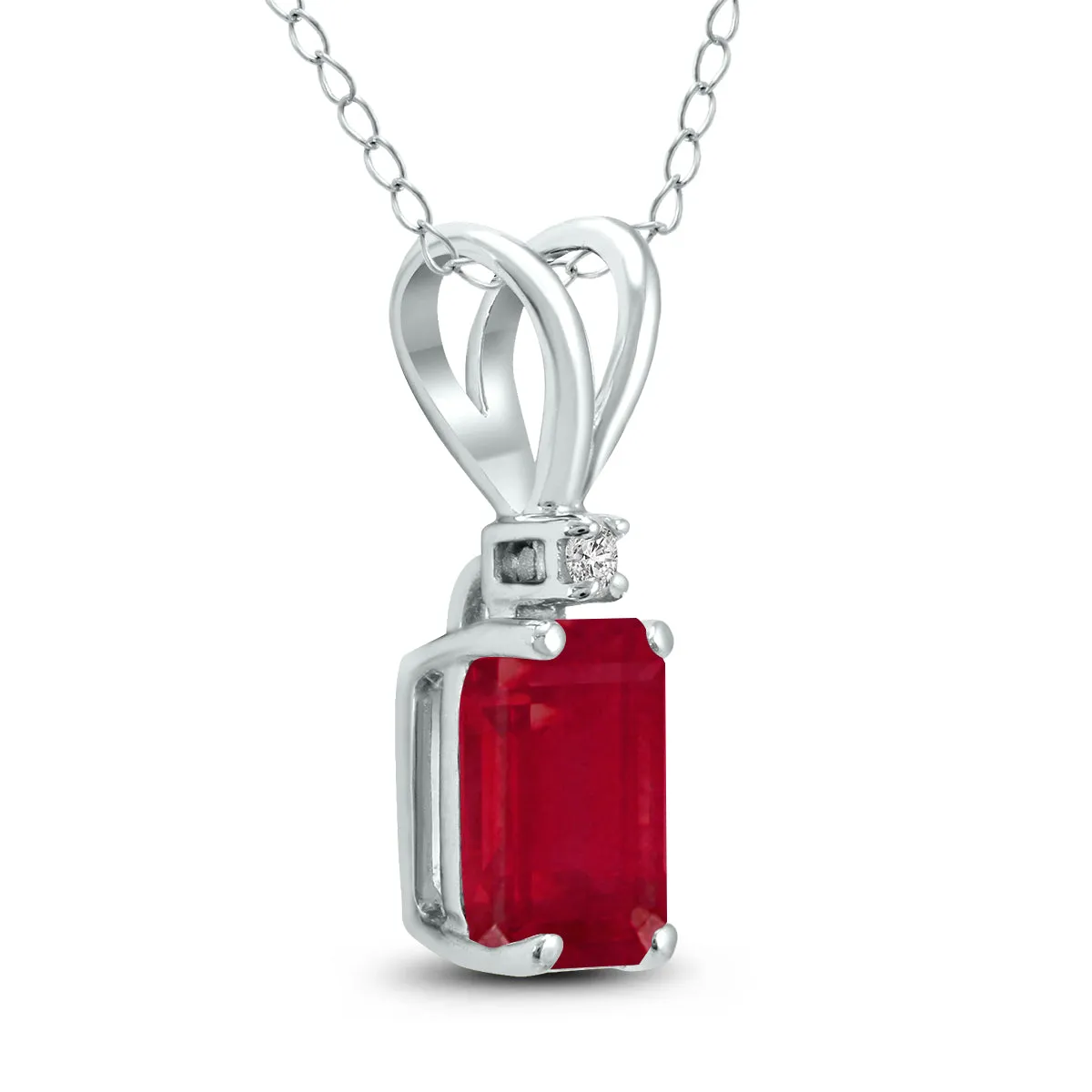 14K White Gold 6X4Mm Emerald Shaped Ruby And Diamond Pendant