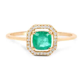 14K Yellow Gold 0.63 Carat Genuine Zambian Emerald and White Diamond Ring