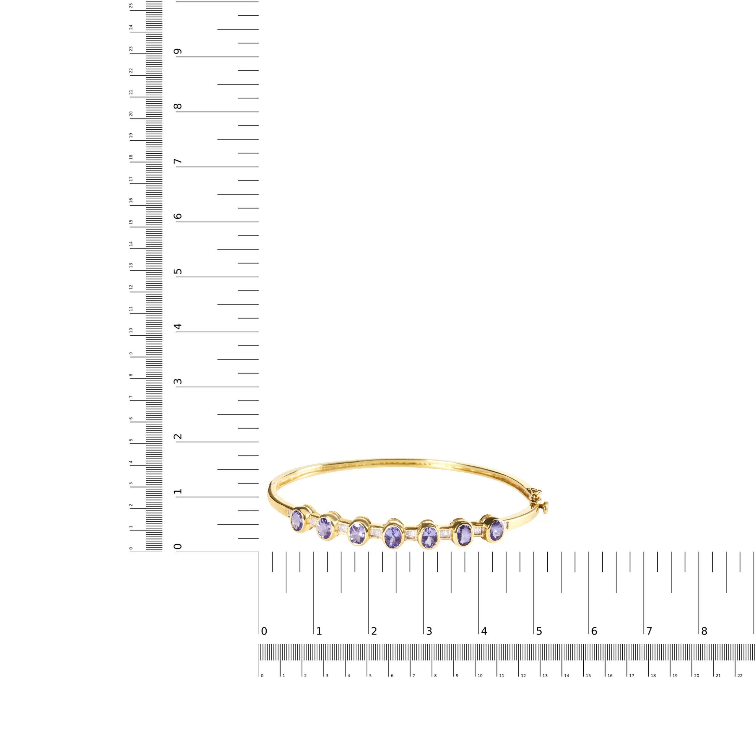 14K Yellow Gold Alternating Bezel Set 5MM Oval Shaped Tanzanite and 1/5 Cttw Diamond Bangle Bracelet