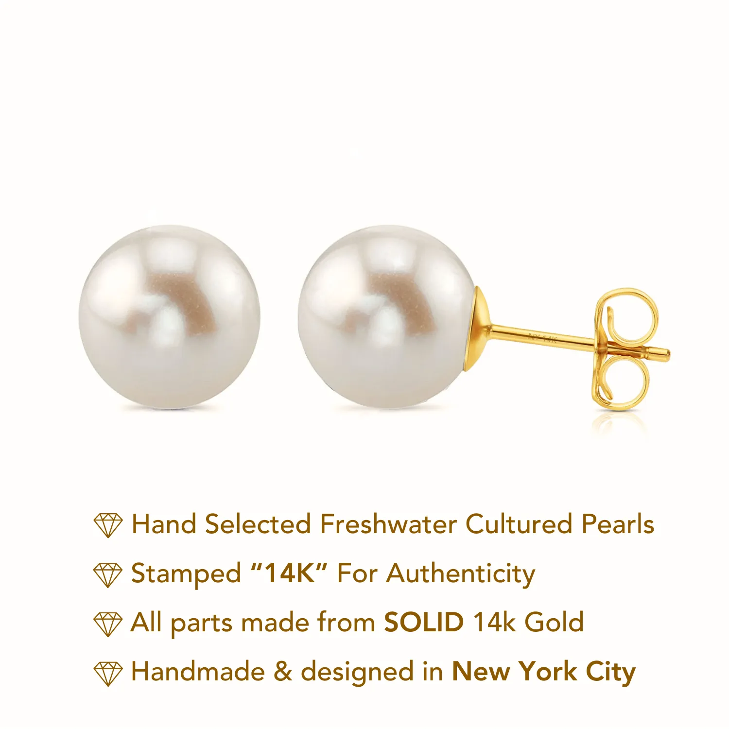 14K Yellow Gold Freshwater Pearl Stud Earrings, With Pushbacks