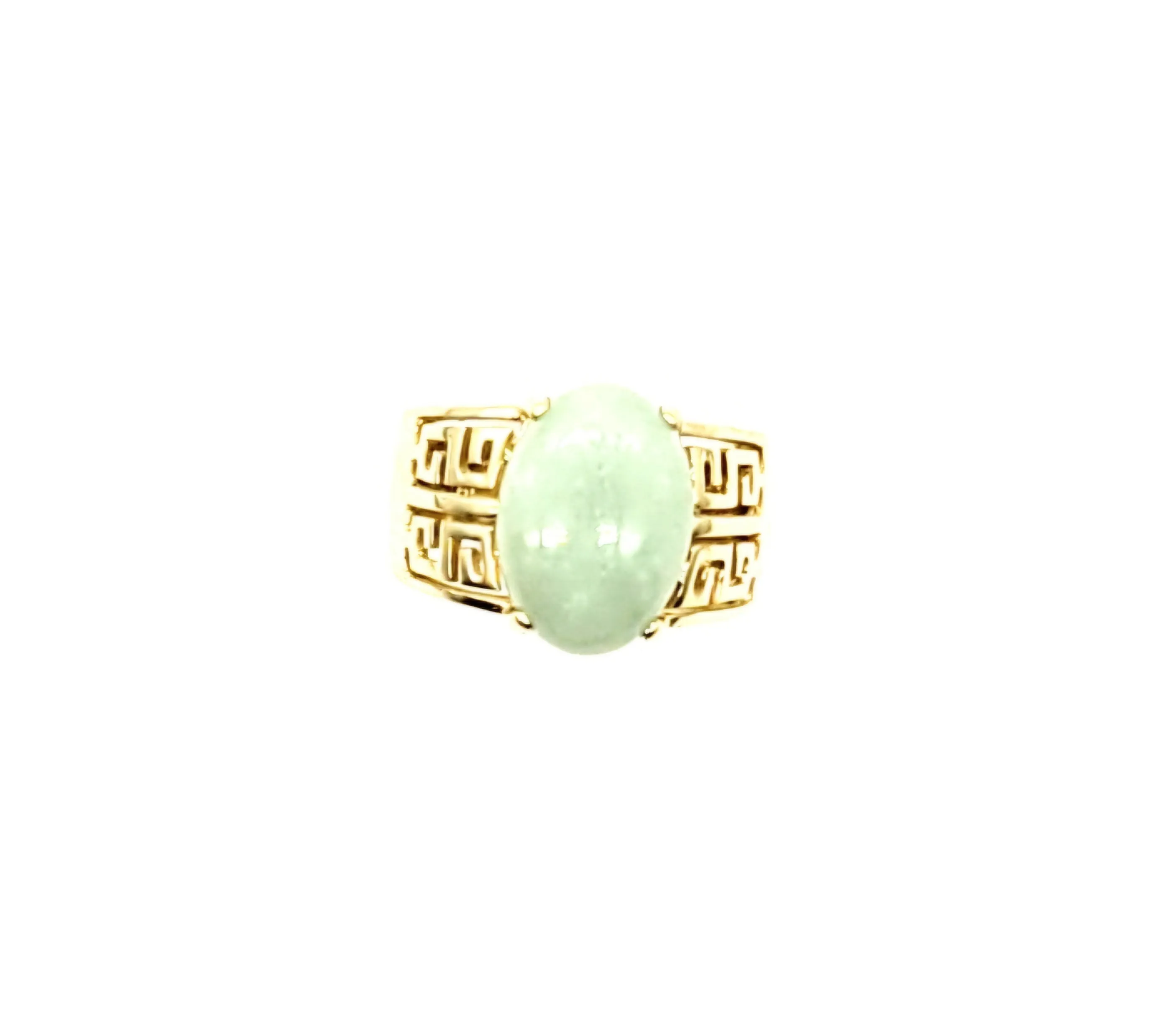 14k Yellow Gold - Green Jade Oval Greek Key Ring