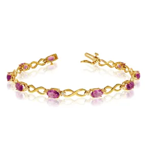 14K Yellow Gold Oval Pink Topaz Stones And Diamonds Infinity Tennis Bracelet, 7"