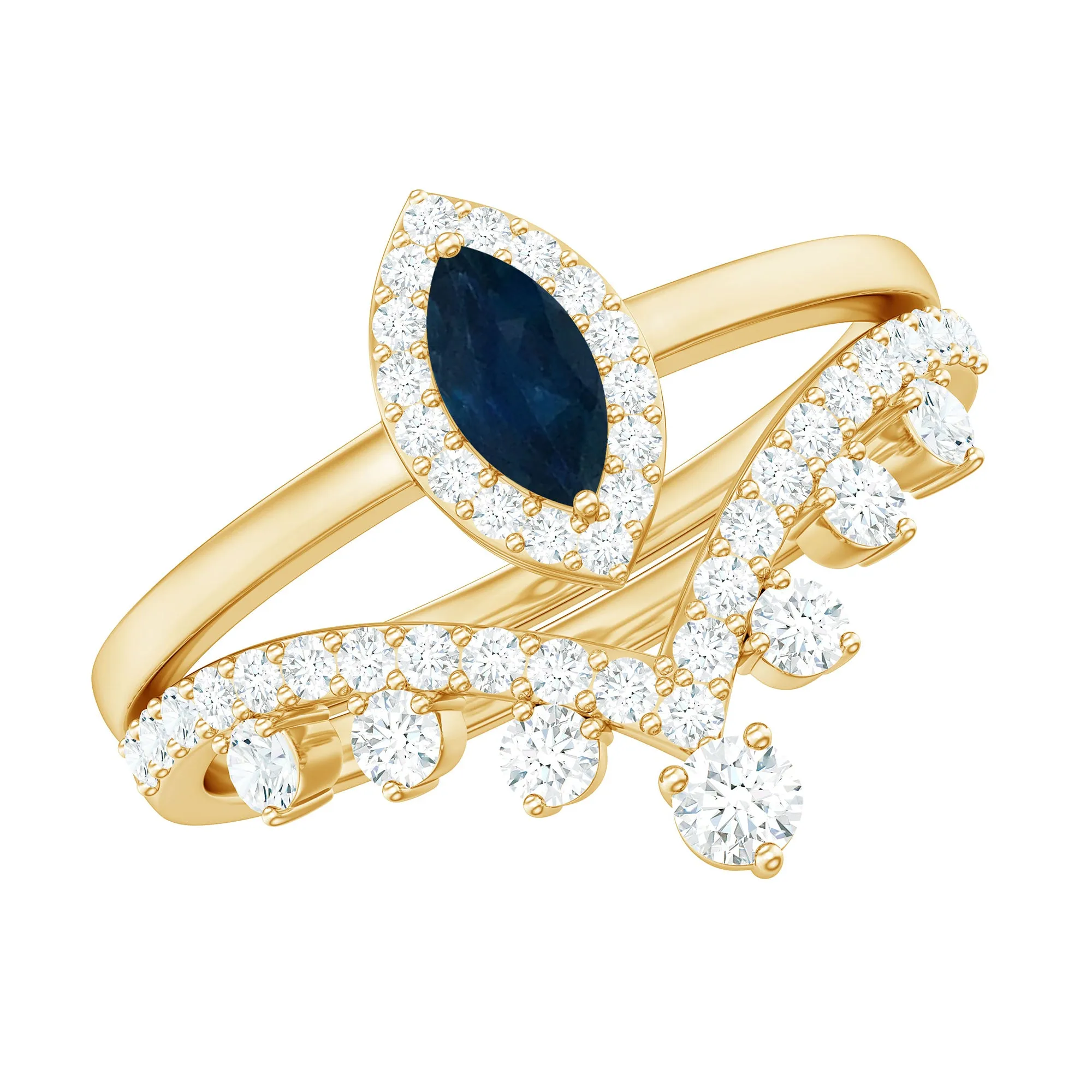 1.5 CT Marquise Blue Sapphire and Diamond Designer Ring Set