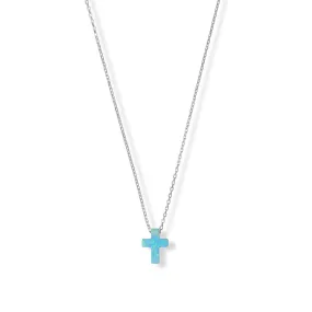 16"   2" Rhodium Plated Synthetic Opal Cross Necklace