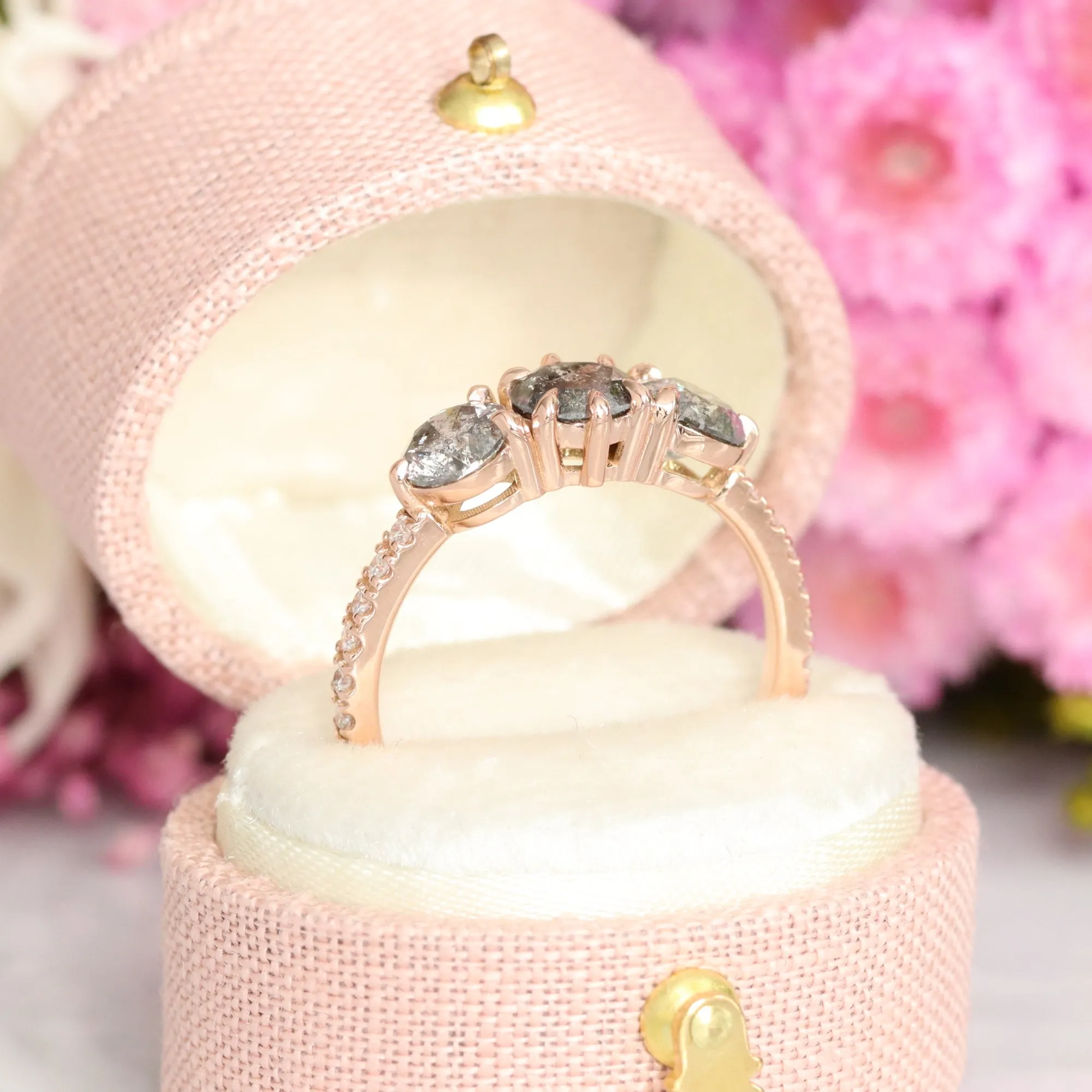 1.72 Ct Salt and Pepper Diamond Ring in 14k Rose Gold 3 Stone Pave Band Size 6.5