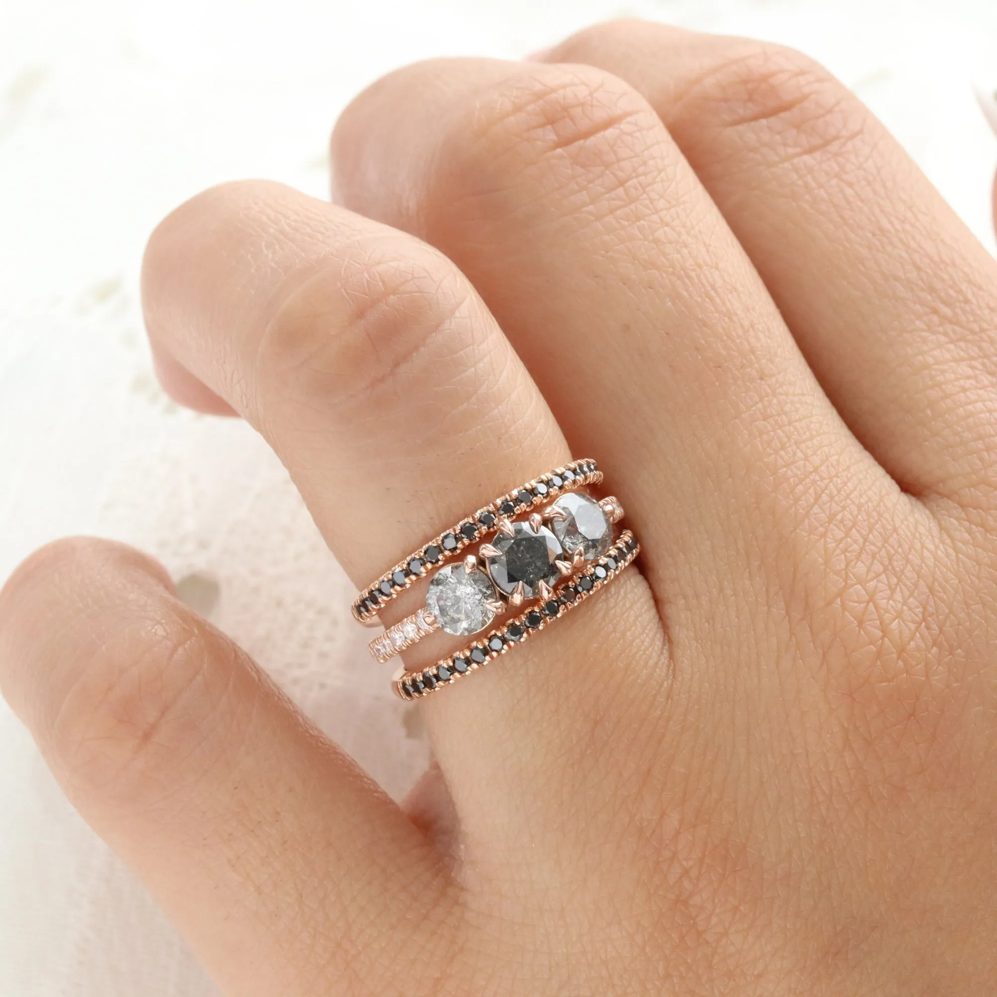 1.72 Ct Salt and Pepper Diamond Ring in 14k Rose Gold 3 Stone Pave Band Size 6.5