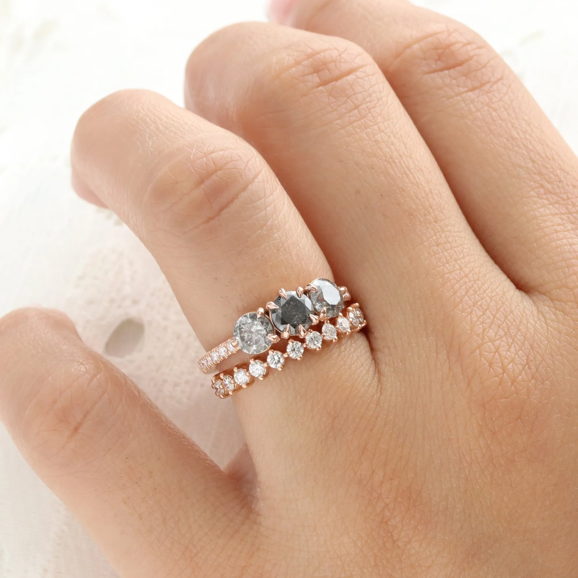 1.72 Ct Salt and Pepper Diamond Ring in 14k Rose Gold 3 Stone Pave Band Size 6.5