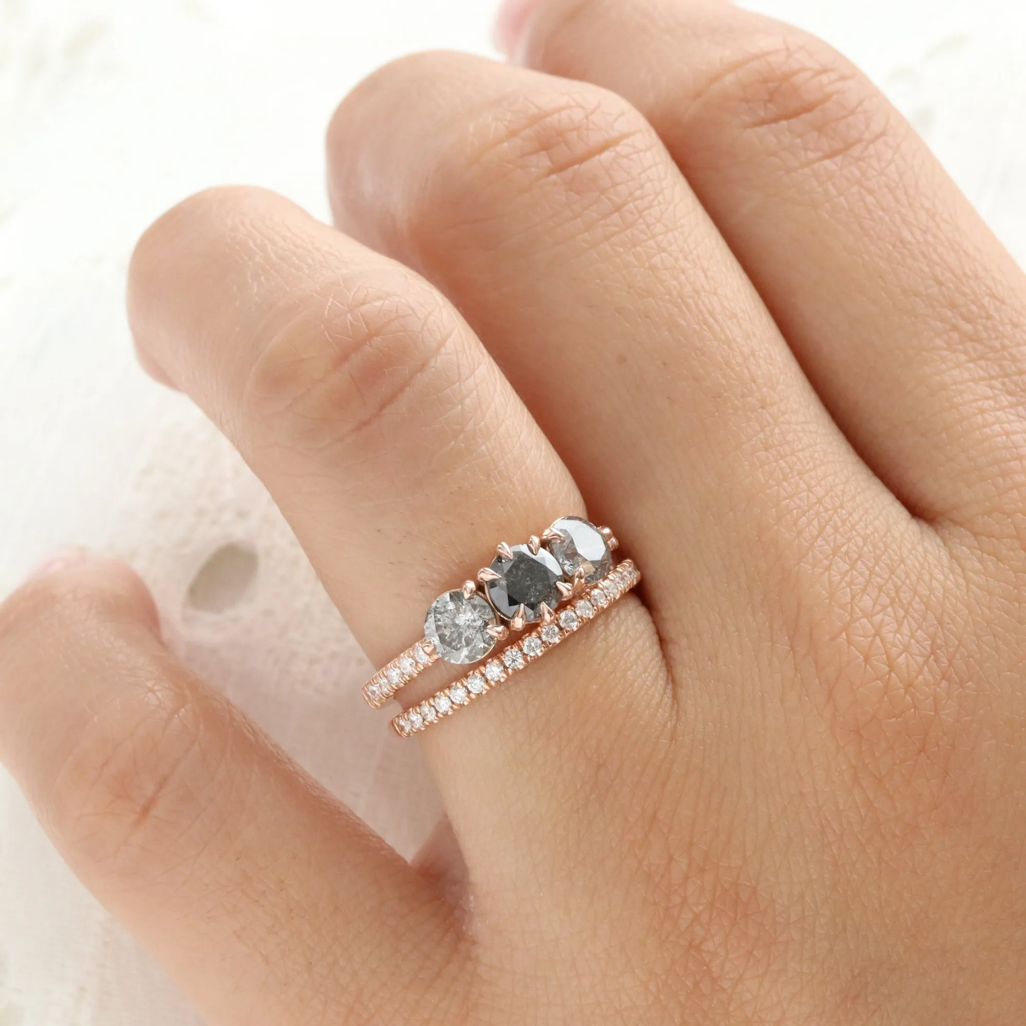 1.72 Ct Salt and Pepper Diamond Ring in 14k Rose Gold 3 Stone Pave Band Size 6.5