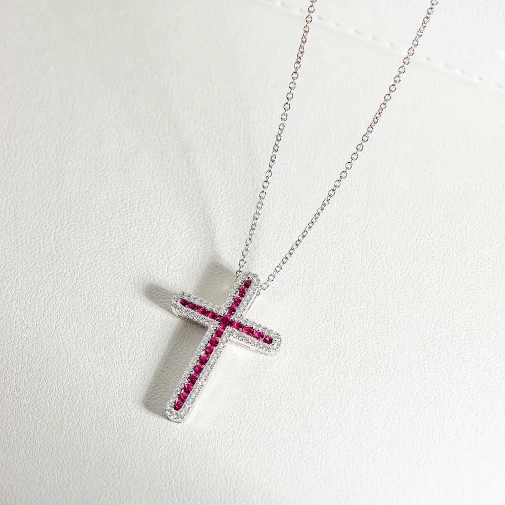 18ct White Gold Ruby & Diamond Cross Pendant