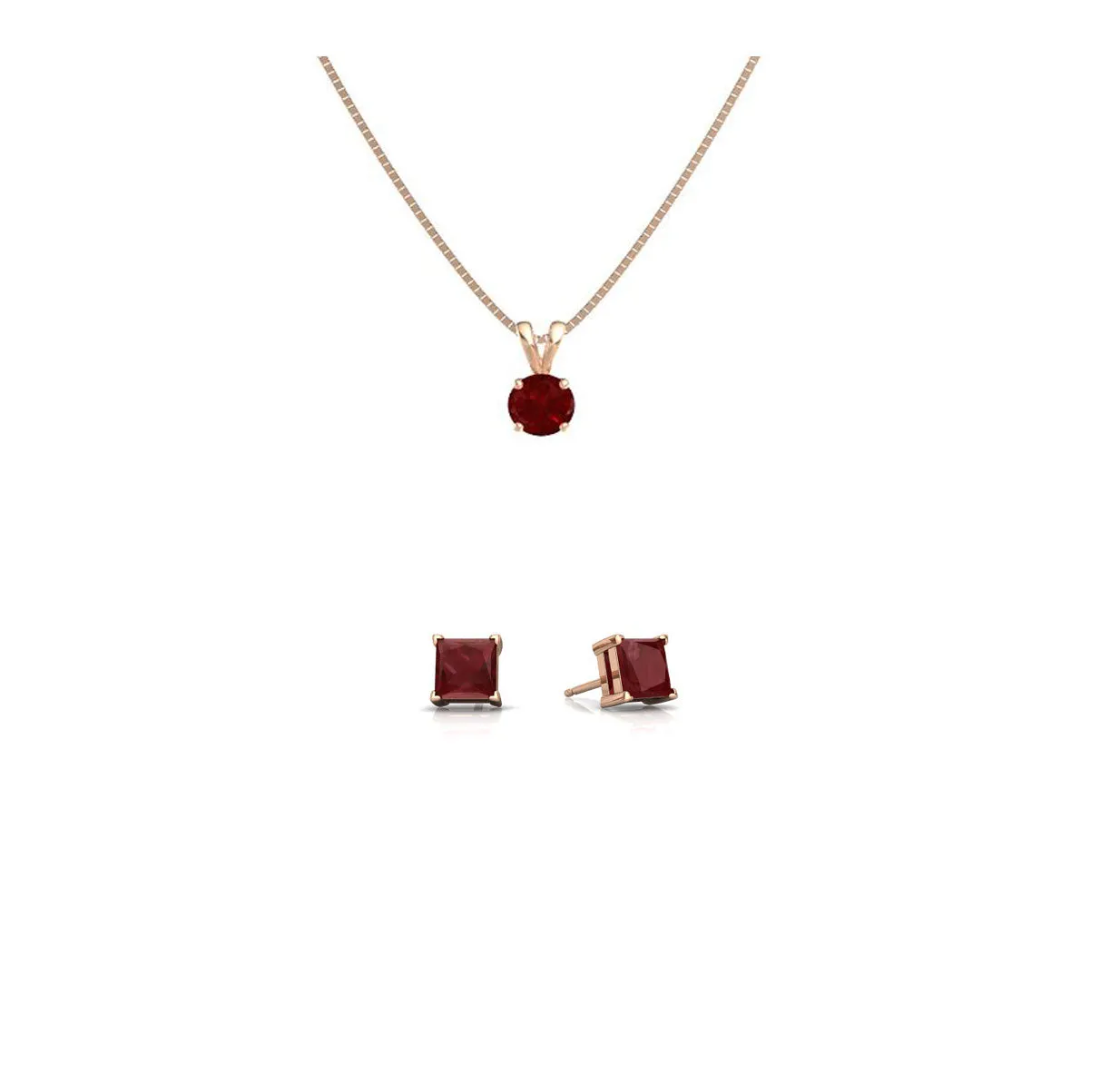 18K Rose Gold 1ct Ruby Round 18 Inch Necklace and Square Earrings Set Plated