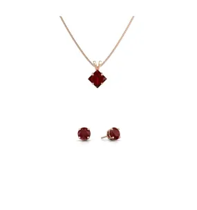 18K Rose Gold 2ct Ruby Square 18 Inch Necklace and Round Earrings Set Plated