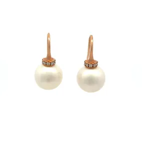 18K Rose Gold Australian South Sea 11-12mm Cultured Pearl and Diamond Hook Earrings