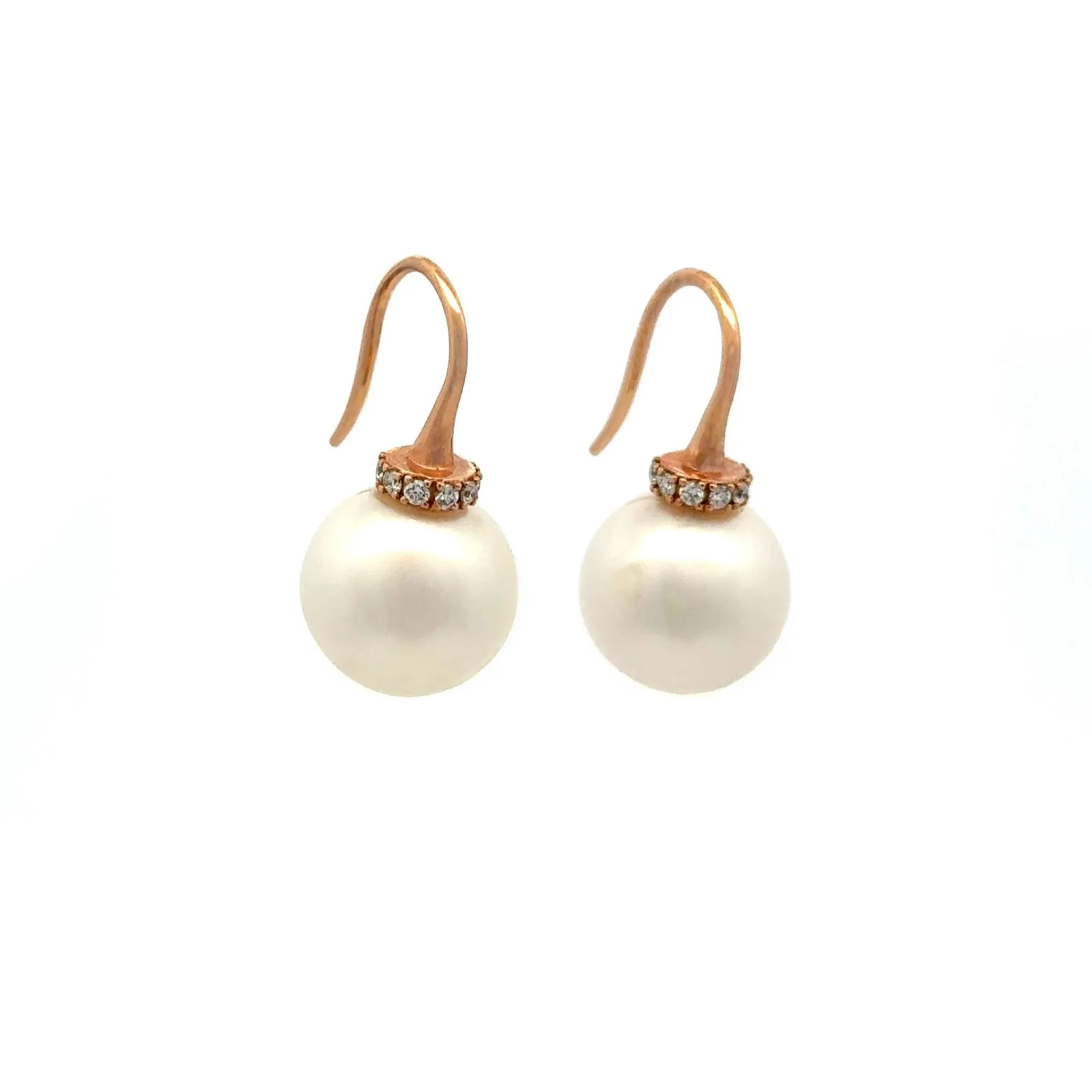 18K Rose Gold Australian South Sea 11-12mm Cultured Pearl and Diamond Hook Earrings