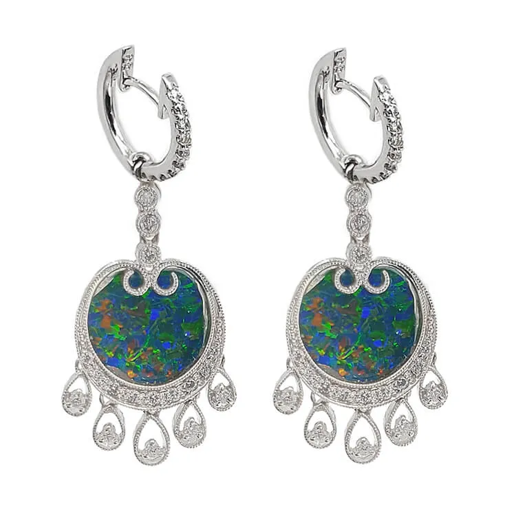 18K White Gold Diamond Opal Earrings