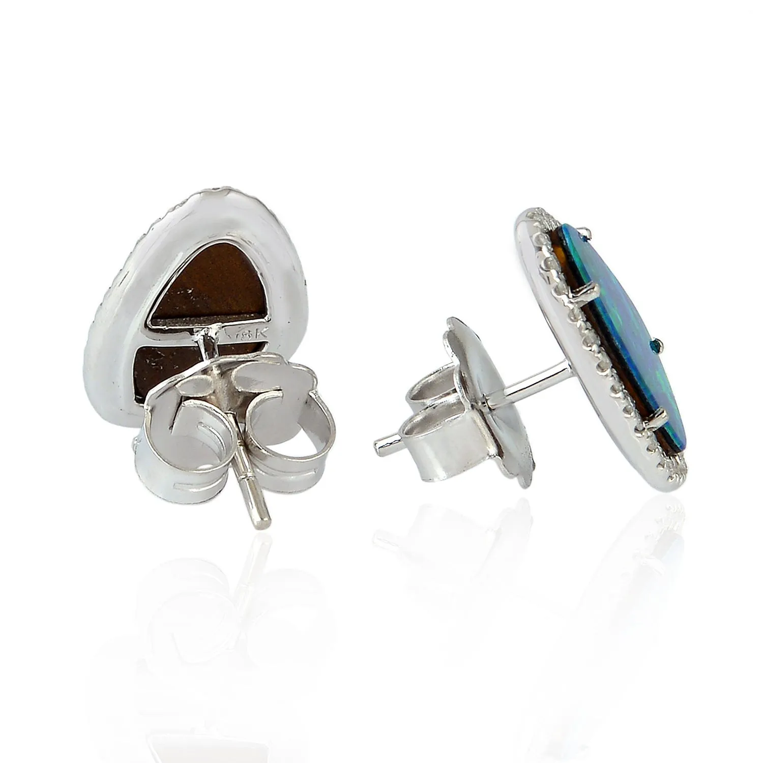 18K White Gold Mix Cut Opal Doublet Prong Diamond Stud Earrings For Christmas