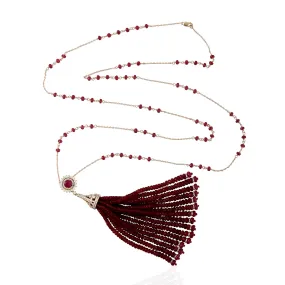 18k White Gold Natural Ruby Beads Diamond Chain Tassel Lariat Necklace For Her On Sale