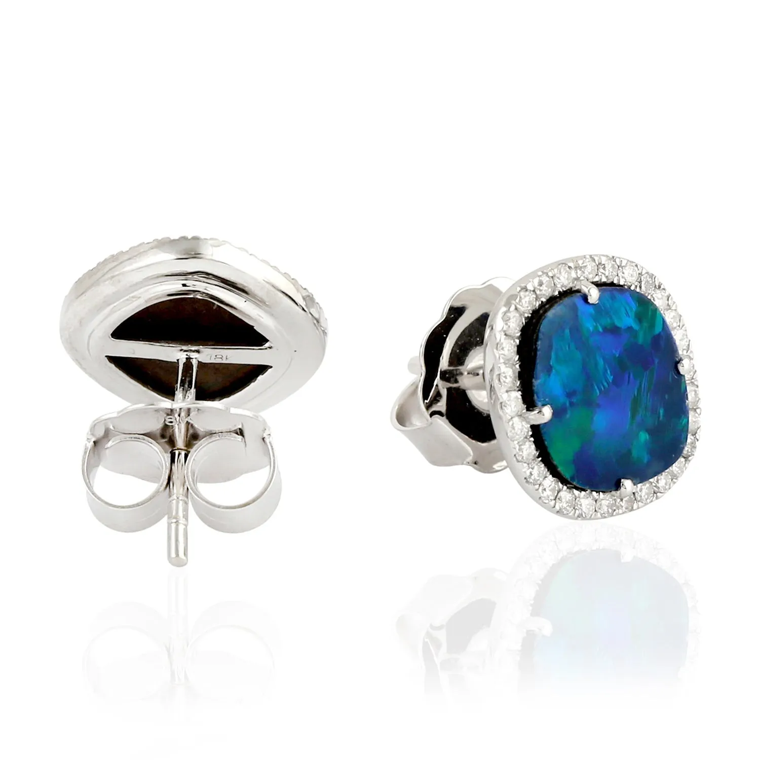 18K White Gold Pave Diamond & Opal Doublet Stud Earrings For Her