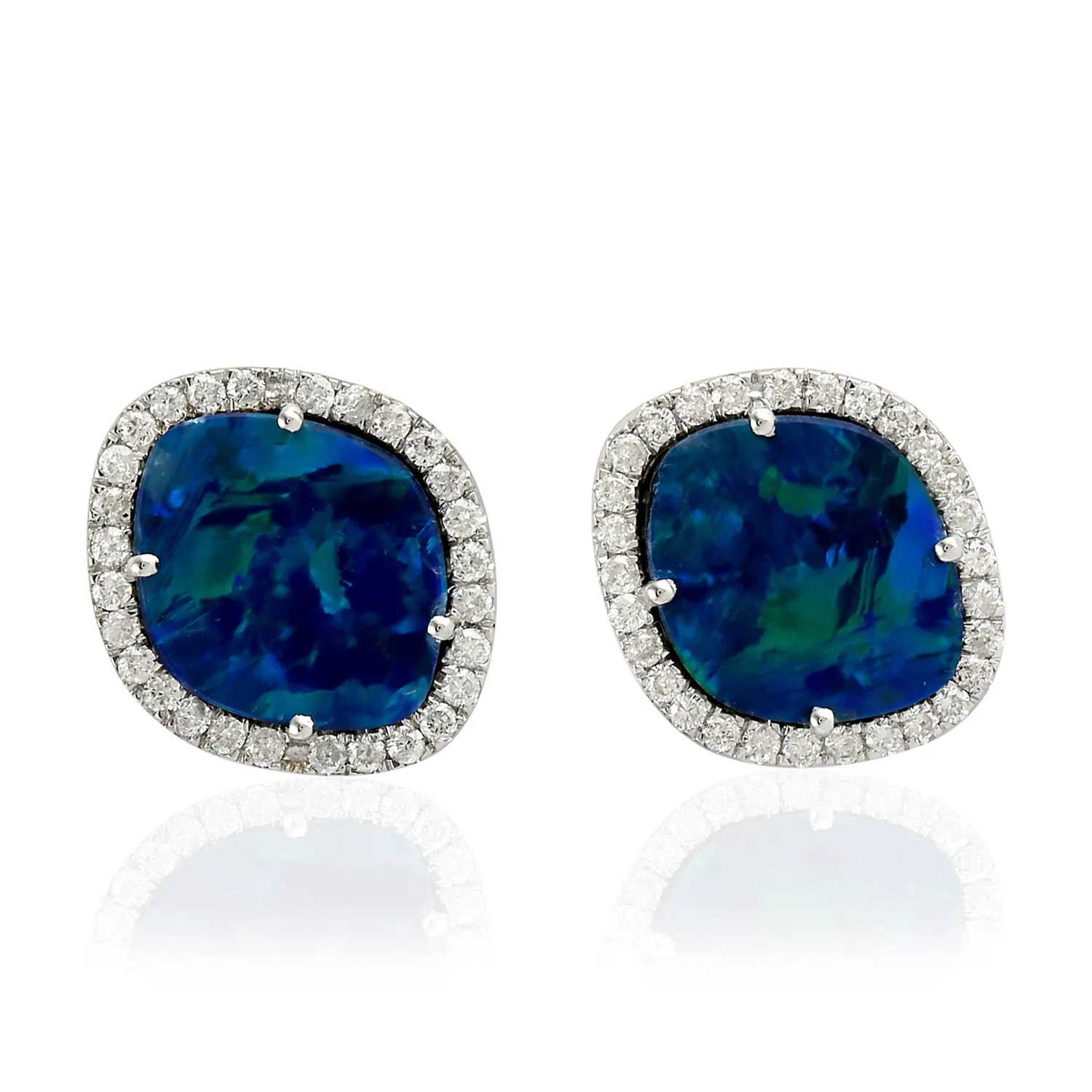 18K White Gold Pave Diamond & Opal Doublet Stud Earrings For Her