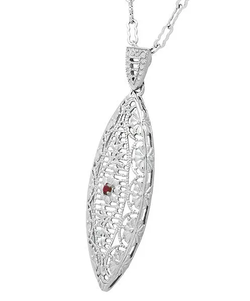 1920's Art Deco Dangling Leaf Filigree Ruby Necklace in Sterling Silver