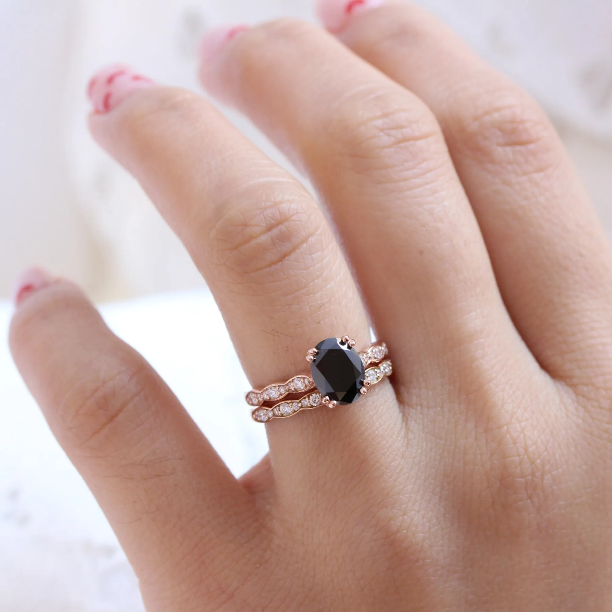 2 Ct. Oval Black Diamond Ring in Grace Solitaire Scalloped Band