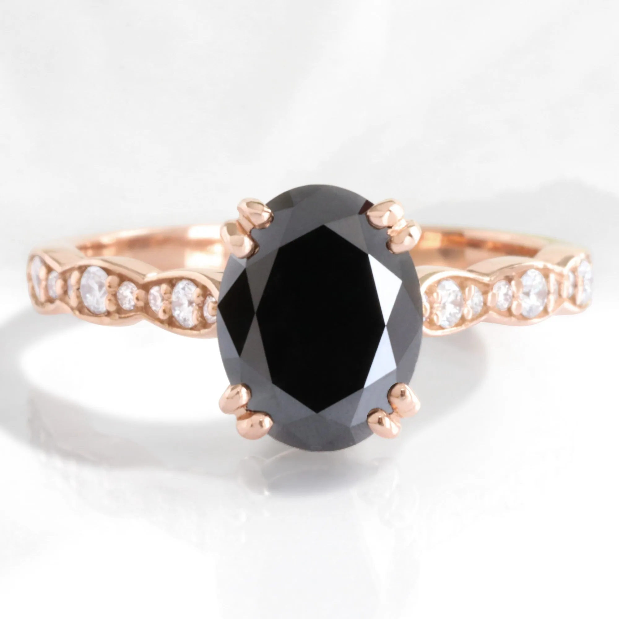 2 Ct. Oval Black Diamond Ring in Grace Solitaire Scalloped Band