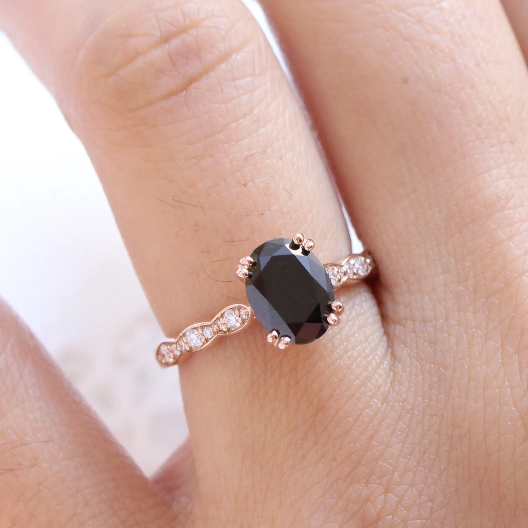 2 Ct. Oval Black Diamond Ring in Grace Solitaire Scalloped Band