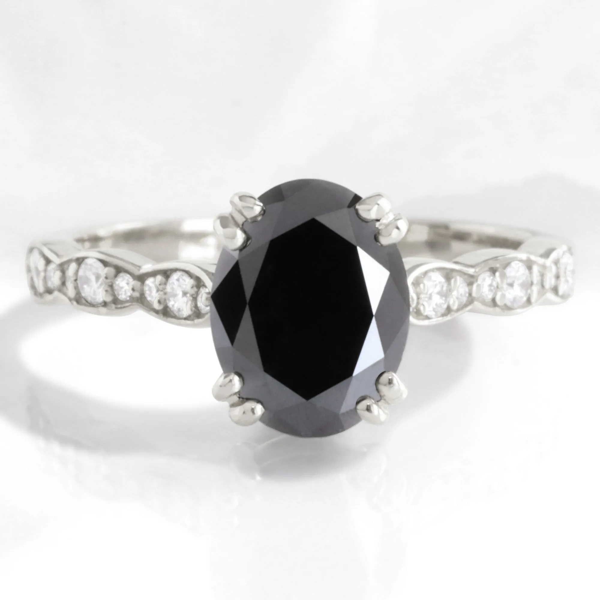 2 Ct. Oval Black Diamond Ring in Grace Solitaire Scalloped Band