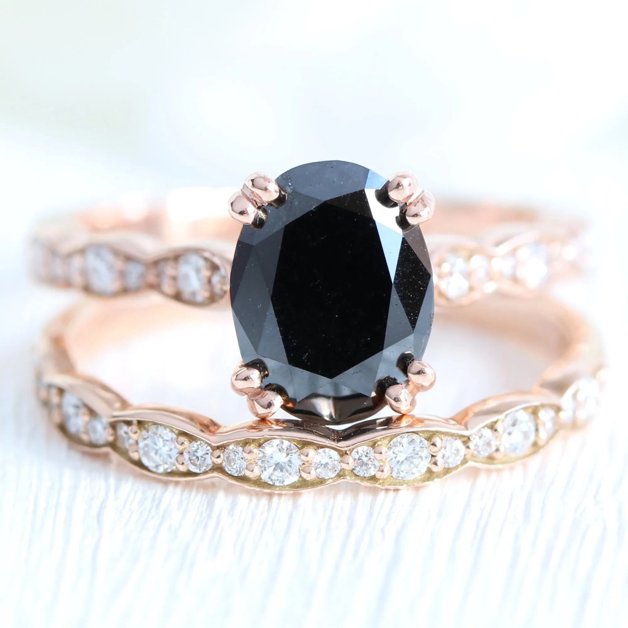 2 Ct. Oval Black Diamond Ring in Grace Solitaire Scalloped Band