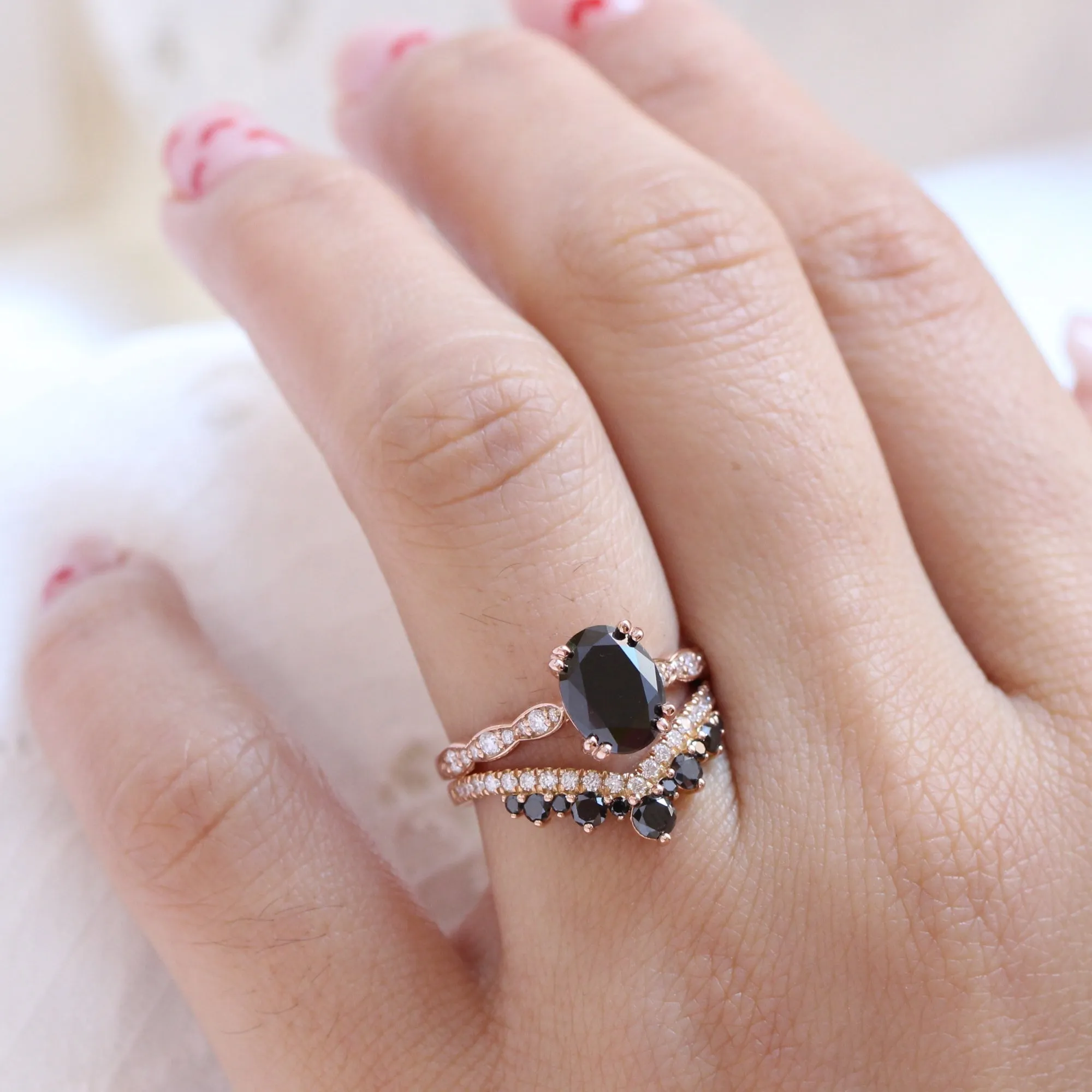 2 Ct. Oval Black Diamond Ring in Grace Solitaire Scalloped Band