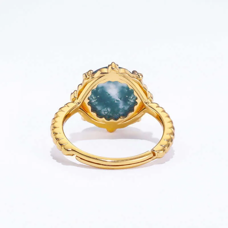 2023 925 Sterling Silver Round Green Moss Agate Adjustable Ring