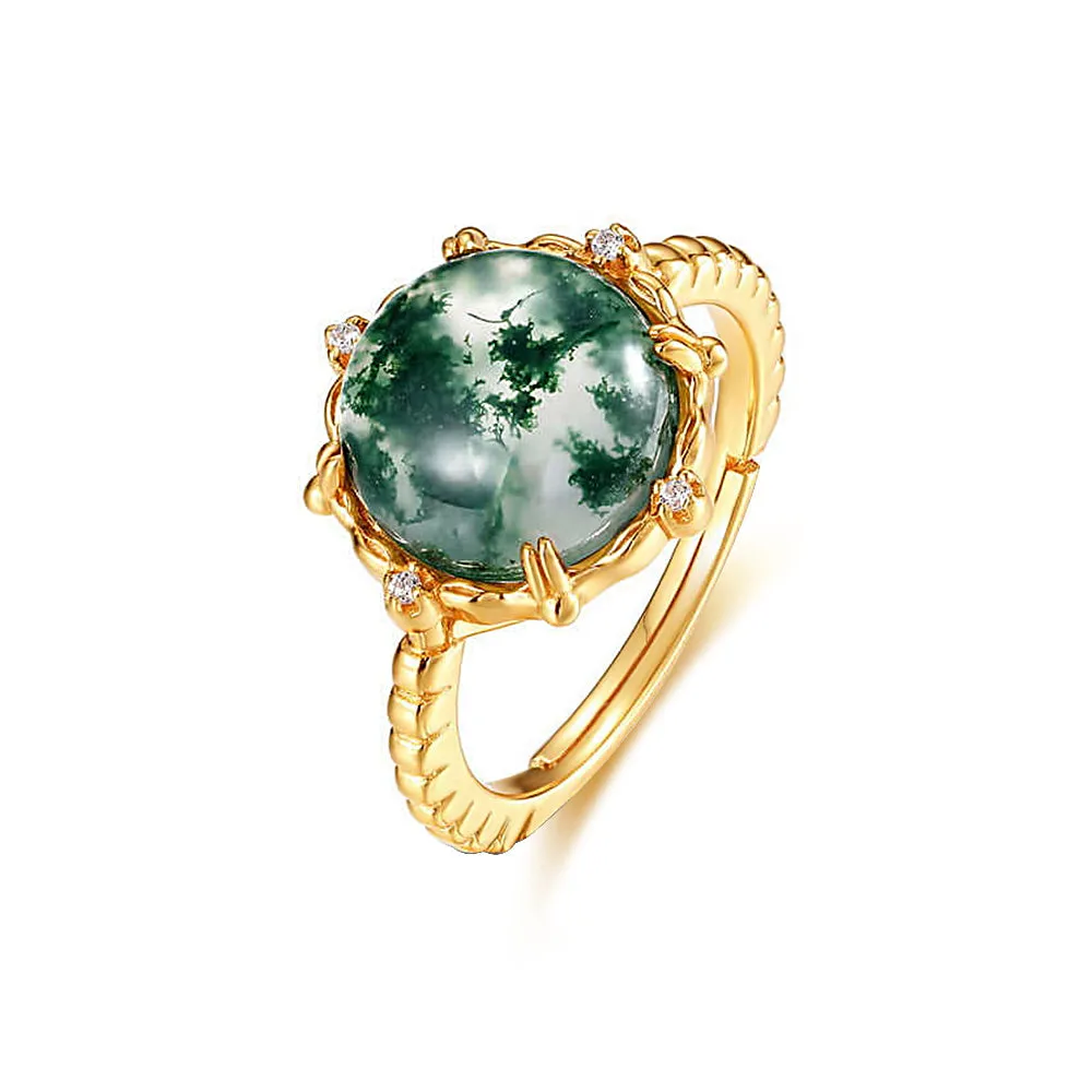 2023 925 Sterling Silver Round Green Moss Agate Adjustable Ring