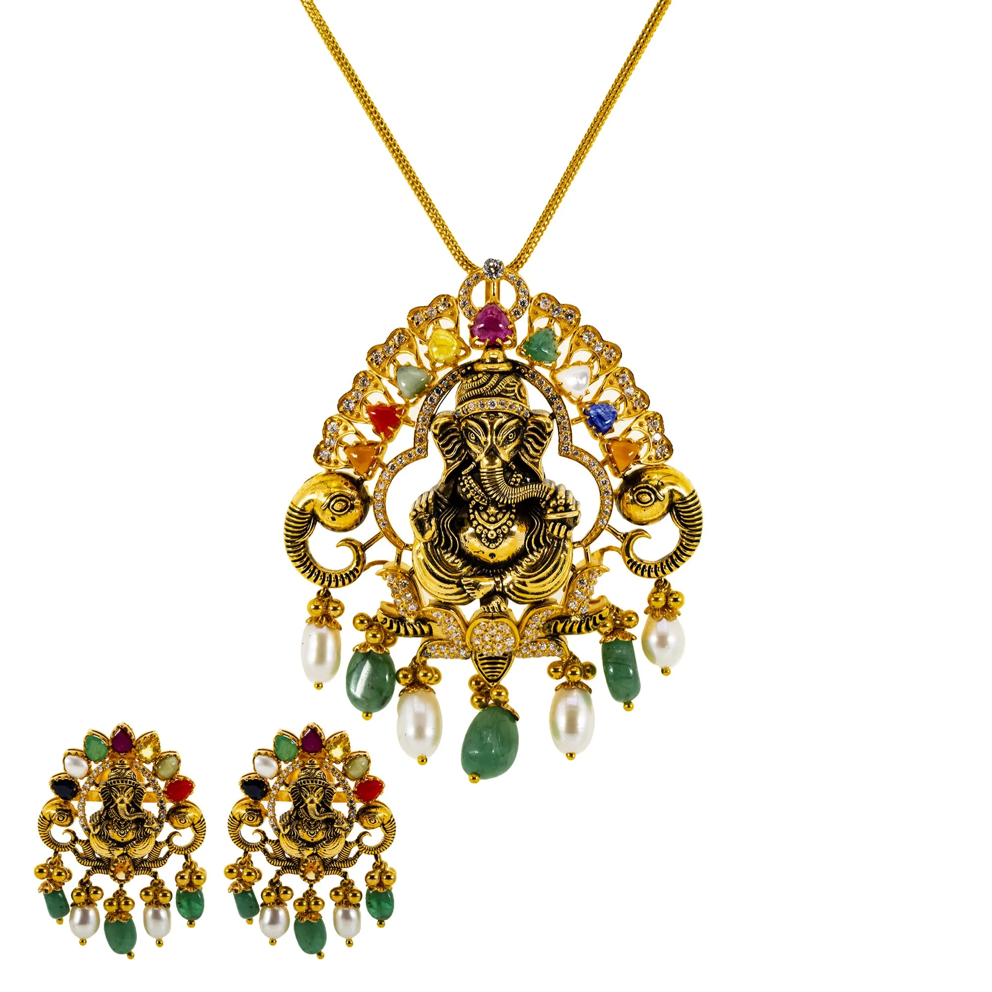 22K Antique Gold Temple Necklace & Earrings Set w/ Gems and Pearls (54.5 grams)