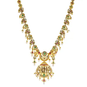 22K Antique Yellow Gold Temple Necklace w/ Emerald, Pearl & Ruby (83.8gm)