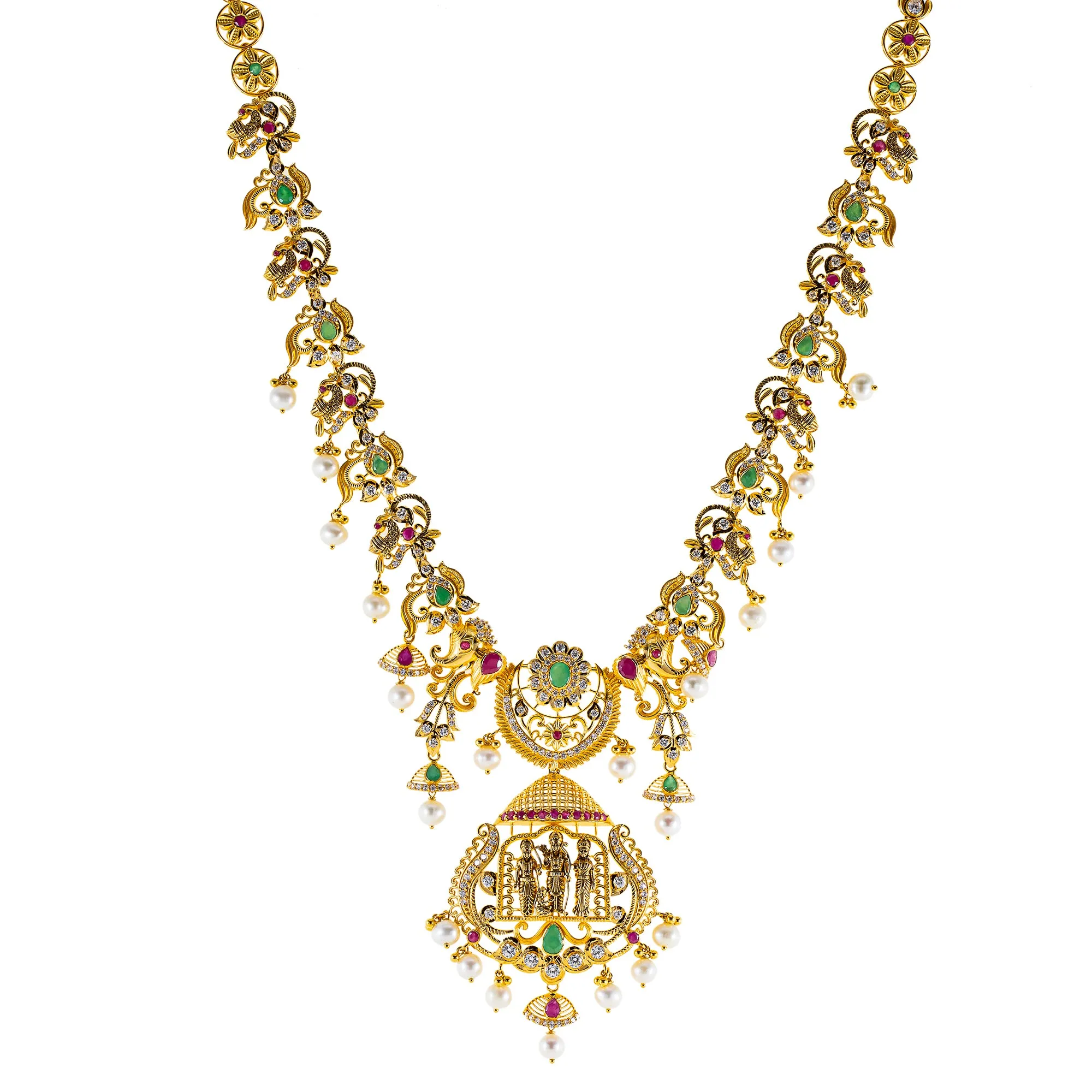 22K Antique Yellow Gold Temple Necklace w/ Emerald, Pearl & Ruby (83.8gm)