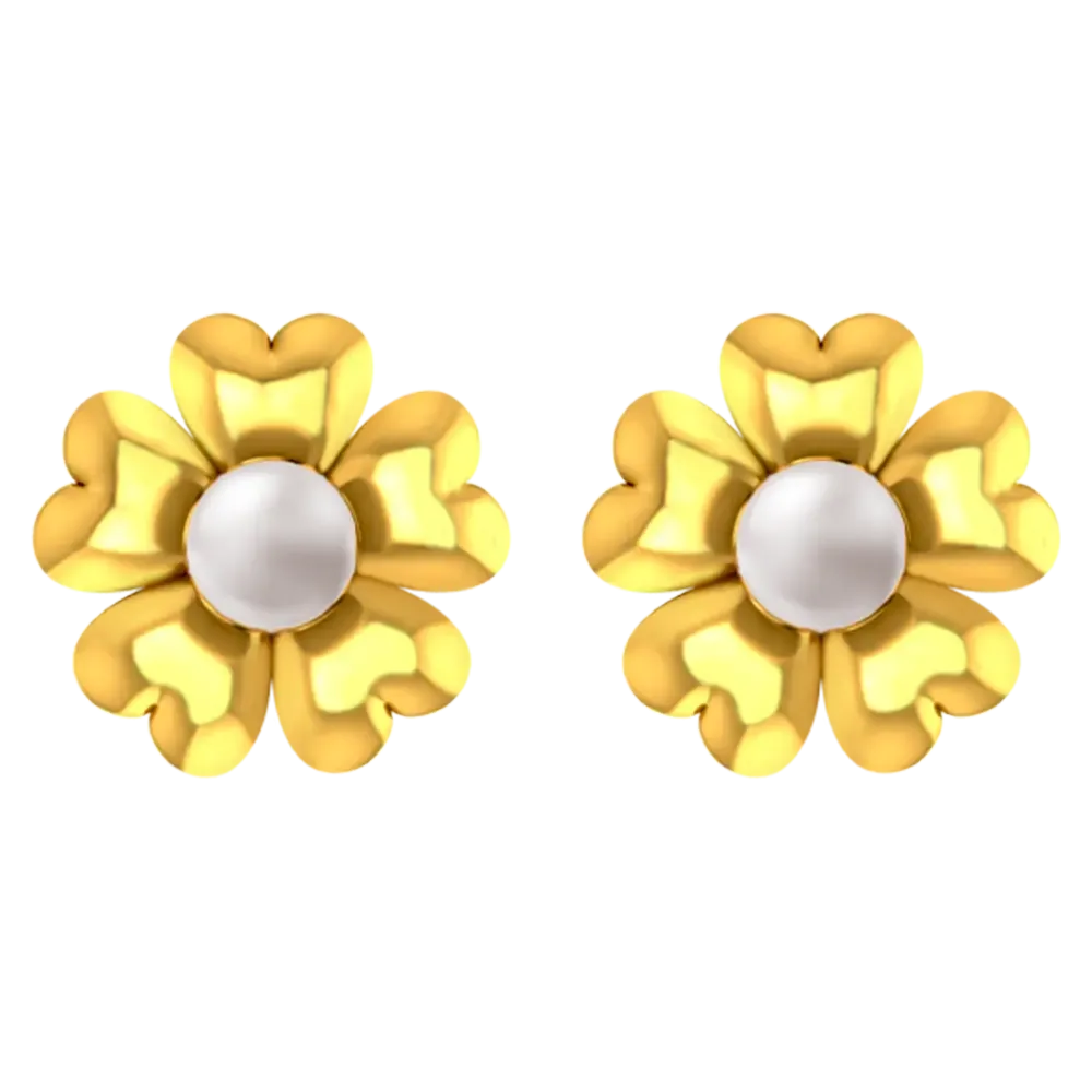 22k Floral Gold Earrings With An Elegant Pearl In The Middle