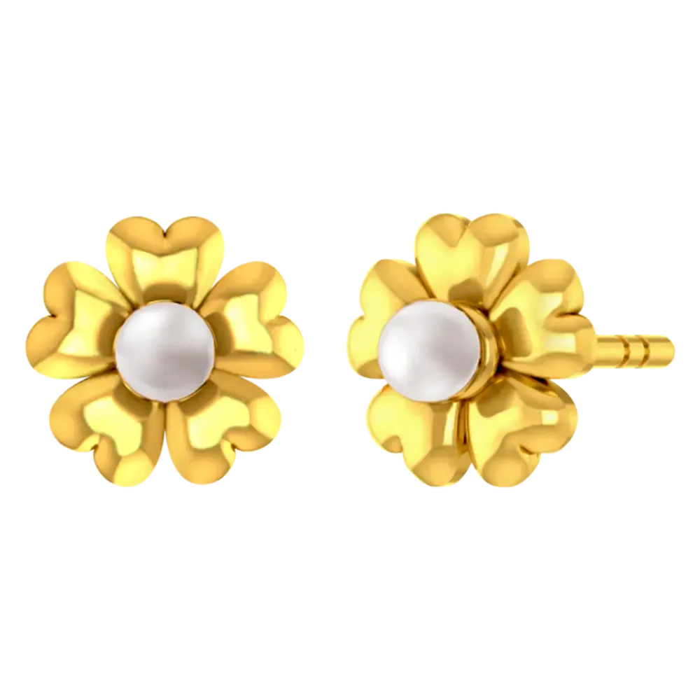 22k Floral Gold Earrings With An Elegant Pearl In The Middle