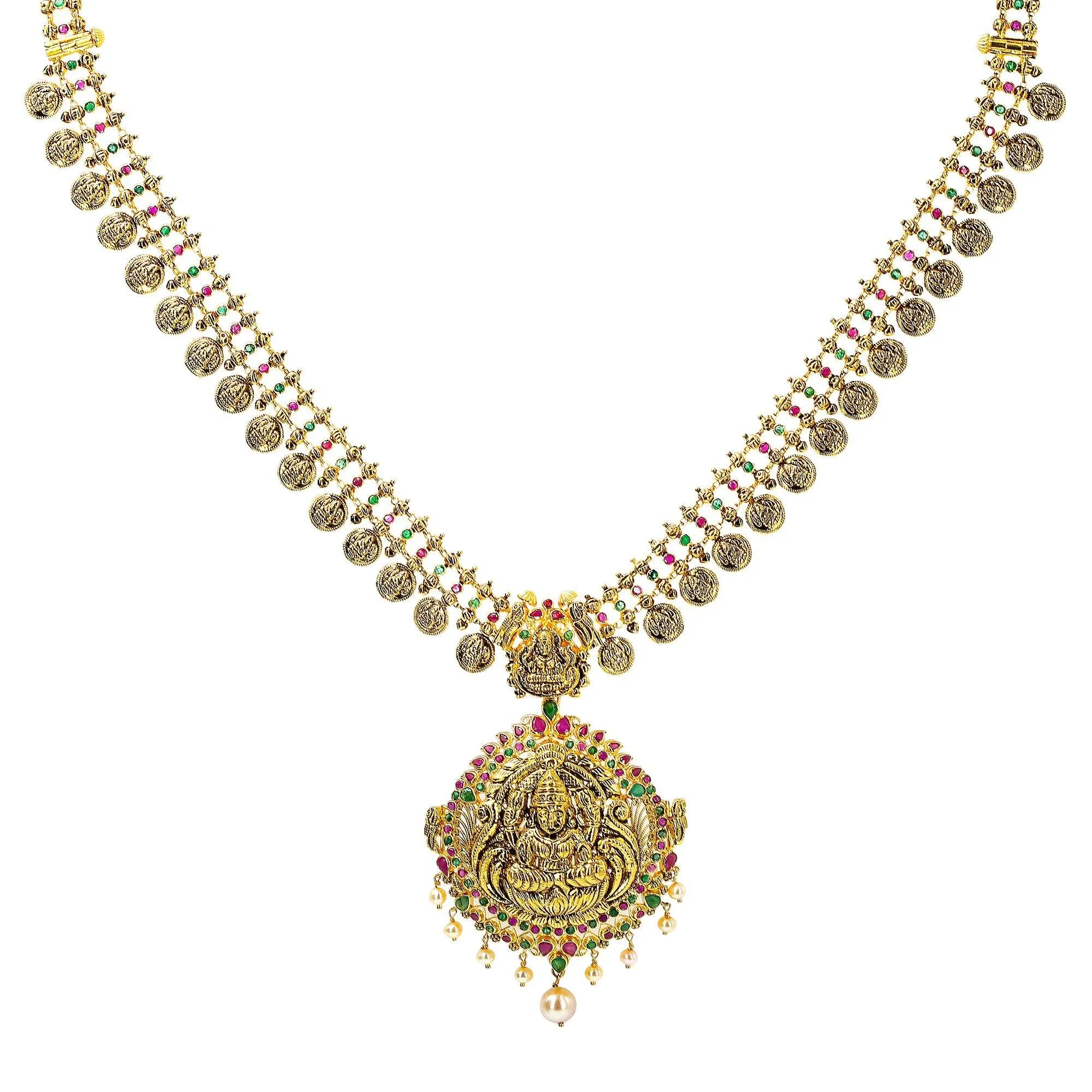 22K Yellow Antique Gold Laxmi Kasu Haaram Necklace W/ Emeralds, Rubies, Pearls & Large Pendant